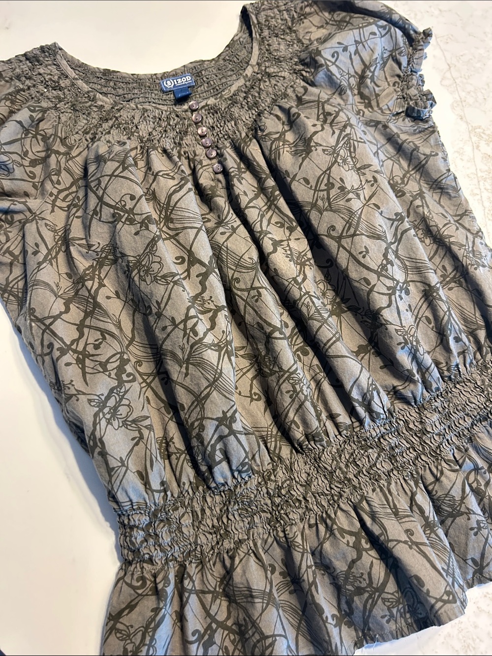 IZOD Olive Green Floral Smocked Waist Tunic SIZE XL